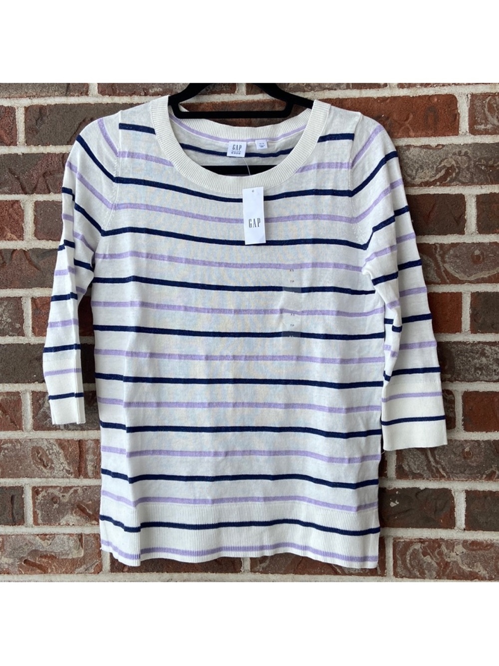GAP Cream Striped Crewneck Sweater with Navy & Lavender